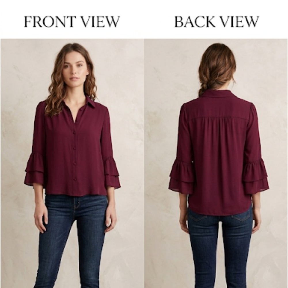 Alice + Olivia Burgundy Ruffle-Sleeve Button-Down Shirt